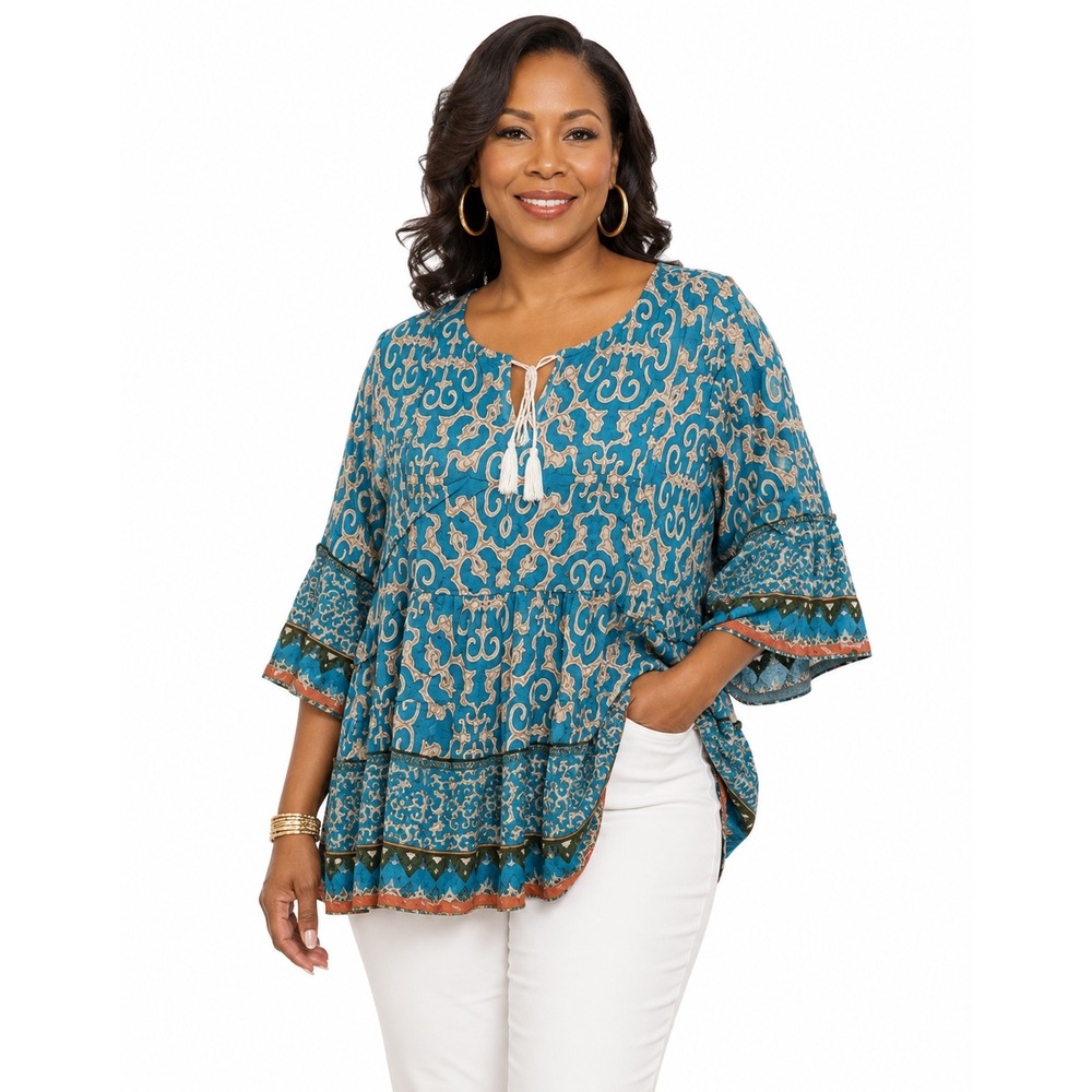 Vivilli Teal Damask Print Babydoll Peasant Blouse Tassel Tie Top Large‎